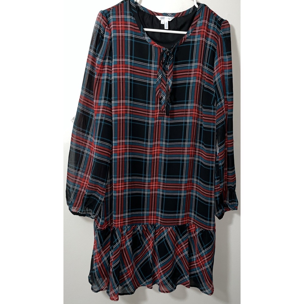 Draper James Women's Dress L Shift Plaid Ruffle Hem Semi Sheer Sleeve Schoolgirl